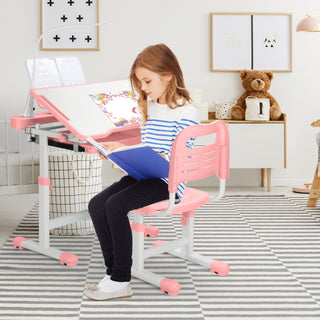 Kids Desk and Chair Set Height Adjustable School Study Desk and Chair with 55° Tiltable Desktop, 3 Modes&3 Brightness LED Lamps, Storage Drawer and Metal Hook for Boys Girls,Pink