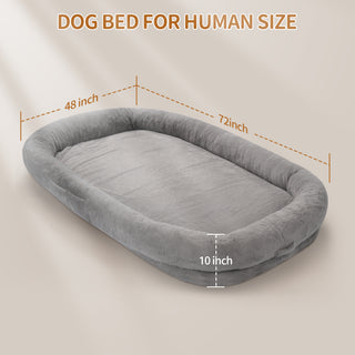 Human Dog Bed with Blanket, 72'' x 48'' x 10'' Giant Size Dog Bed for Adult People Beanbag Bed with Washable Fur Cover Pets Removable Large Memory Foam Human Sized Dog Bed Grey