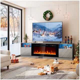Easoger 70” Fireplace TV Stand for TVs up to 80", TV Stand with 36'' Electric Fireplace, LED Lights Entertainment Center, TV Console, Gray