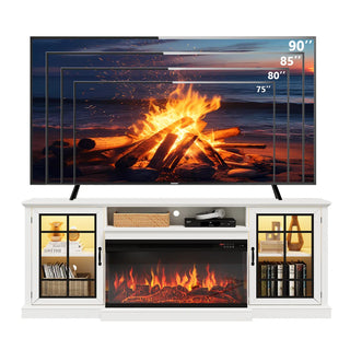 Easoger 80" Fireplace TV Stand with 3-Sided Glass Electric Fireplace, 12 Flame Colors + 12 LED Backlight Colors, Holds TV up to 88", White