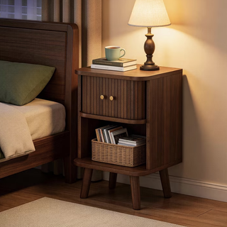 Easoger Set of 2 Fluted Walnut Nightstands with Charging Station, Mid-Century Modern Bedside Tables with Sliding Tambour Doors, Storage Cabinet & Open Shelf for Bedroom