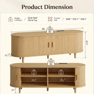 Easoger 58" Sliding Door TV Stand with Charging Station, Fluted Vertical Grille Wood Entertainment Center, Curved Oval Shape Storage Cabinet,Oak