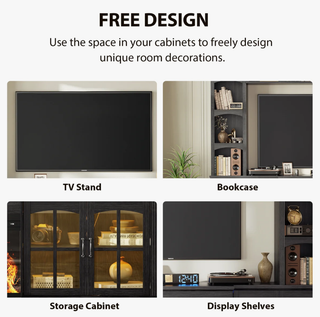 Easoger 98" Wall Unit Entertainment Center with 3-Sided Electric Fireplace, Farmhouse TV Stand for TVs Up to 70", Large Storage with Glass Doors & Shelves, Black