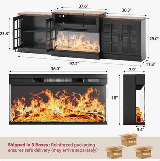 Easoger 97" TV Stand with Electric Fireplace, 3-Sided Glass Display Media Console for Over 100" TVs, Large Storage with Glass Doors & Shelves, LED Backlight, Walnut + Black Oak