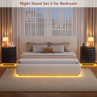 Easoger Nightstand Set of 2 with LED Lights, 2 Drawers & USB Ports, Modern End Tables for Bedroom Living Room, Black