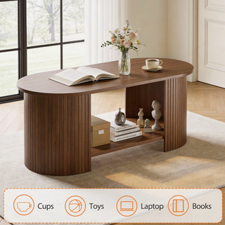 Easoger 42.5" Oval Coffee Table with 2-Tier Storage, Mid-Century Modern Center Table with Fluted Pedestal Base, Wooden Side Table for Living Room, Home Office,Walnut