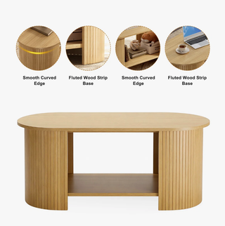 Easoger 42.5" Oval Coffee Table with 2-Tier Storage, Mid-Century Modern Center Table with Fluted Pedestal Base, Wooden Side Table for Living Room, Home Office,Oak