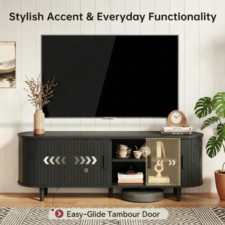 Easoger 65" Sliding Door TV Stand with Charging Station, Fluted Vertical Grille Wood Entertainment Center, Curved Oval Shape Storage Cabinet,Black