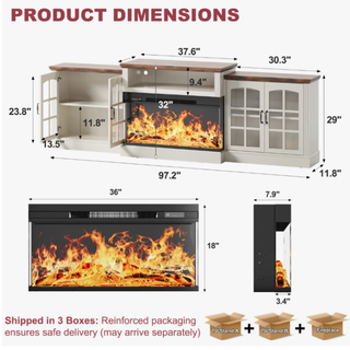 Easoger 97" TV Stand with Electric Fireplace, 3-Sided Glass Display Media Console for Over 100" TVs, Large Storage with Glass Doors & Shelves, LED Backlight, White + Light Walnut