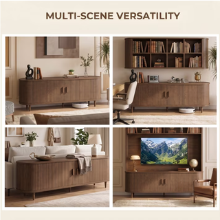 Easoger 65" Sliding Door TV Stand with Charging Station, Fluted Vertical Grille Wood Entertainment Center, Curved Oval Shape Storage Cabinet,Walnut