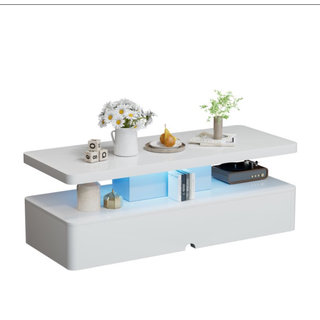 Easoger Modern Stylish Coffee Table with 16 Colors LED Lights, Double-Layer Design for Living Room, White High Gloss Acrylic