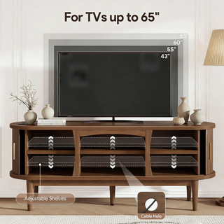 Easoger 58" Mid Century TV Stand for TVs up to 65", Entertainment Center with Power Outlet, Fluted Sliding Doors & Adjustable Shelves, Natural Media Console for Living Room