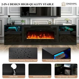 Easoger Fireplace TV Stand for TVs up to 90", 80" TV Stand with 36" Electric Fireplace, With 12 Color LED Lights Entertainment Center, Black