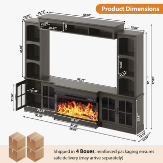 Easoger 98" Wall Unit Entertainment Center with 3-Sided Electric Fireplace, Farmhouse TV Stand for TVs Up to 70", Large Storage with Glass Doors & Shelves, Gray