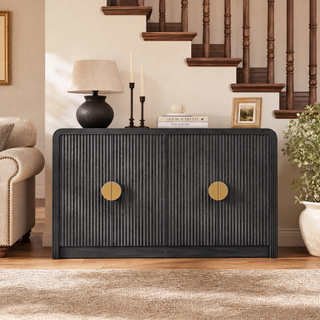 Easoger 55" Fluted Buffet Sideboard Cabinet, Modern Mid Century Console Cabinet with Adjustable Shelves & Wavy Grain Doors for Living Room, Black Walnut