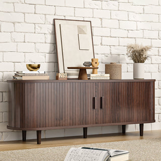 Easoger 58" Sliding Door TV Stand with Charging Station, Fluted Vertical Grille Wood Entertainment Center, Curved Oval Shape Storage Cabinet,Brown