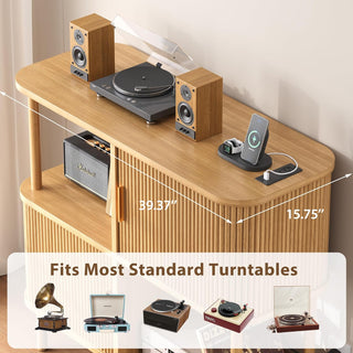 Easoger 40" Record Player Stand with Charging Station, Mid Century Modern Turntable Cabinet with Sliding Doors, Large Vinyl Storage Rack for Living Room Music Corner, Oak