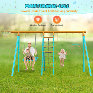 Swing Sets for Outdoor, 6 in 1 Heavy-Duty Metal Swing Sets, Kids Swing Sets for Backyard with with 2 Swings,Trapeze Bar and Basketball Hoop for Aged 3-12