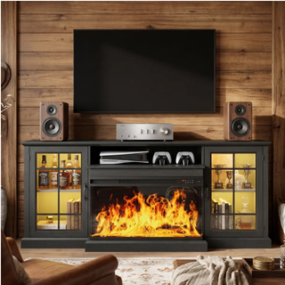 Easoger 80" Fireplace TV Stand with 3-Sided Glass Electric Fireplace, 12 Flame Colors + 12 LED Backlight Colors, Holds TV up to 88", Black