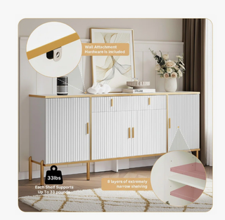 Easoger 60" Sideboard Buffet Cabinet with Gold Accents, Modern Fluted Storage Cabinet for Living Room Dining Room, Adjustable Shelves,White