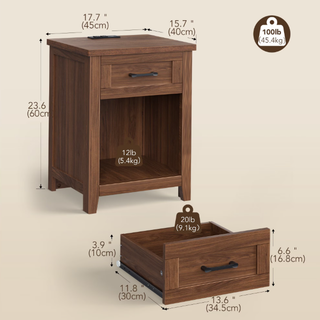 Easoger Farmhouse Nightstand Set of 2 with Charging Station & Large Storage, End Tables with Outlets & USB Ports for Bedroom, Walnut