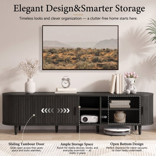 Easoger 90" Curved Oval Sliding Door TV Stand with Built-in Charging Station, Fits Up to 100 Inch TV , for Living Room Bedroom,Black