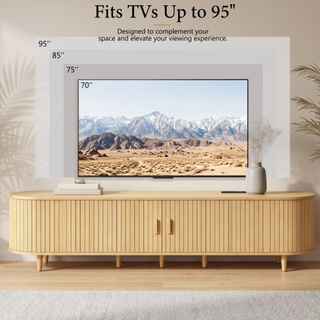 Easoger 90" Curved Oval Sliding Door TV Stand with Built-in Charging Station, Fits Up to 100 Inch TV , for Living Room Bedroom,Oak