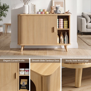 Easoger Cat Litter Cabinet Enclosure with Sliding Doors, Wooden Cat Furniture Cabinet with 2 Storage Shelves & Top Table, Kitty-Friendly Round Entry, Hide Messy,Oak