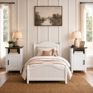 Easoger Set of 2 Farmhouse Nightstand with Charging Station, Modern End Tables with Drawer & Cabinet, USB & Type-C Ports, Wood Rustic Bedside Table for Bedroom, White + Walnut