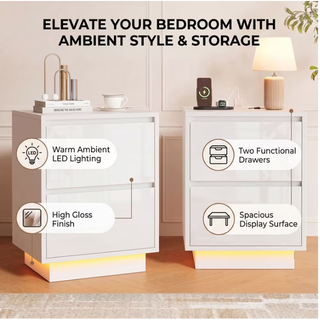 Easoger Nightstand Set of 2 with LED Lights, 2 Drawers & USB Ports, Modern End Tables for Bedroom Living Room, White