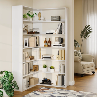 Easoger 35.2 inch 6-Tier Corner Bookshelf with Baffles, L-Shaped Tall Bookcase for Home Office, Space-Saving Storage Shelf with Anti-Tip Device for Bedroom Living Room, White