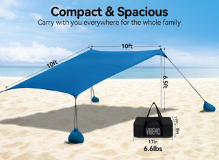 Vibemo Beach Tent, Camping Sun Shelter 10 x 10ft, with 4 Sandbags, UPF50+, Includes Sand Shovel, Ground Pegs & Stability Poles, Pop Up Beach Canopy Sunshade for Fishing, Backyard Fun or Picnics