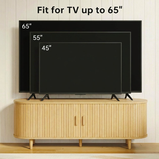 Easoger 58" Sliding Door TV Stand with Charging Station, Fluted Vertical Grille Wood Entertainment Center, Curved Oval Shape Storage Cabinet,Oak