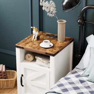 Easoger Nightstand with Charging Station 2-Piece Set, Farmhouse End Table with Barn Door &Storage Space for Livingroom and Bedroom, White
