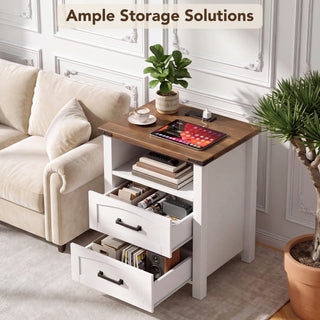 Easoger Farmhouse Nightstand Set of 2 with Charging Station, 18" Wide Rustic End Table with USB/Type-C Ports & 2 Drawers for Bedroom, White+Walnut