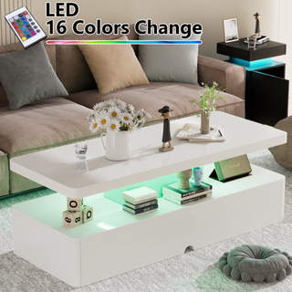 Easoger Modern Stylish Coffee Table with 16 Colors LED Lights, Double-Layer Design for Living Room, White High Gloss Acrylic