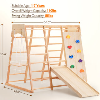 Indoor Baby Climbing Toys, Playground Jungle Gym Montessori Waldorf Style Wooden Toddlers Climber Playset for Children Kids 2-7 with Slide, Climbing Wall, Rope Wall Net, Swing, Ladder