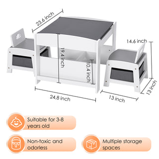 Kids Table and Chair Set,2 in 1 Detachable Tabletop Construction Play Table Set for Drawing, Reading,Build Blocks,with Bookshelves and Storage Drawer,White Grey