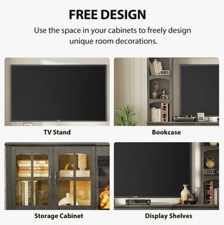 Easoger 98" Wall Unit Entertainment Center with 3-Sided Electric Fireplace, Farmhouse TV Stand for TVs Up to 70", Large Storage with Glass Doors & Shelves, Gray