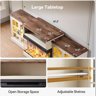Easoger 97" TV Stand with Electric Fireplace, 3-Sided Glass Display Media Console for Over 100" TVs, Large Storage with Glass Doors & Shelves, LED Backlight, White + Light Walnut