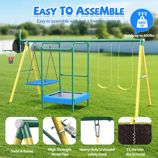 Metal Swing Sets for Backyard,Heavy-Duty Outdoor Kids Playsets for Playground,Outside Toys with Trampoline, Platform Swing, 2 Swings and Basketball Hoop for Aged 3-12