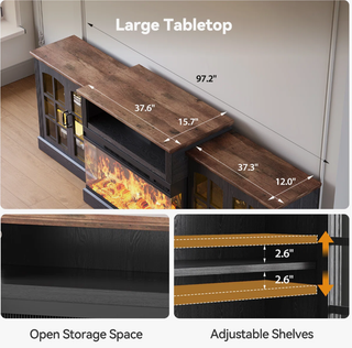 Easoger 97" TV Stand with Electric Fireplace, 3-Sided Glass Display Media Console for Over 100" TVs, Large Storage with Glass Doors & Shelves, LED Backlight, Walnut + Black Oak