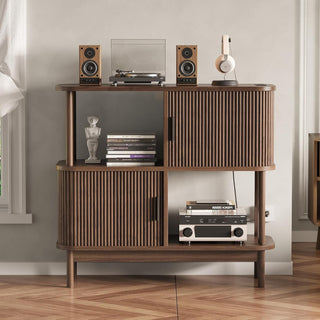 Easoger 40" Record Player Stand with Charging Station, Mid Century Modern Turntable Cabinet with Sliding Doors, Large Vinyl Storage Rack for Living Room Music Corner,Walnut