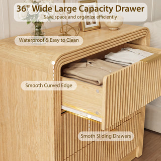Easoger 19.7" Fluted Nightstand with Charging Station, 3 Drawers Modern Bedroom Side Table with USB-C & Gold Handles, Natural Oak