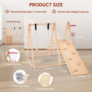 Indoor Baby Climbing Toys, 7-in-1 Playground Jungle Gym Montessori Waldorf Style Wooden Toddlers Climber Playset, Basketball Hoop, Slide, Rock Climbing Wall for Children Kids
