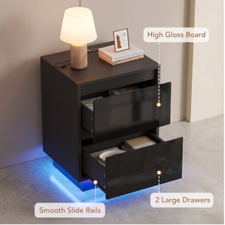 Easoger Nightstand Set of 2 with LED Lights, 2 Drawers & USB Ports, Modern End Tables for Bedroom Living Room, Black
