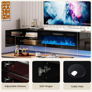 Easoger Floating TV Stand with 36" Electric Fireplace, Wall Mounted Fireplace Entertainment Center with Storage for TVs Up to 80", Adjustable Partition, Black/White (All Black)
