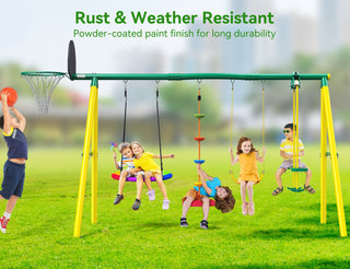 Metal Swing Sets for Backyard,Heavy-Duty Outdoor Kids Playsets for Playground,Outside Toys with Saucer Swing, Glider, Rope Swing, and Basketball Hoop for Aged 3-12