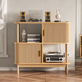 Easoger 40" Record Player Stand with Charging Station, Mid Century Modern Turntable Cabinet with Sliding Doors, Large Vinyl Storage Rack for Living Room Music Corner, Oak