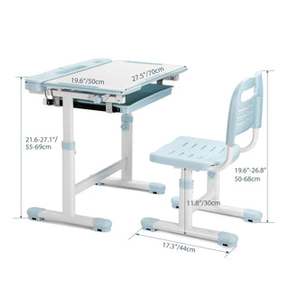 Kids Desk and Chair Set Height Adjustable School Study Desk and Chair with 55° Tiltable Desktop, 3 Modes&3 Brightness LED Lamps, Storage Drawer and Metal Hook for Boys Girls,Blue